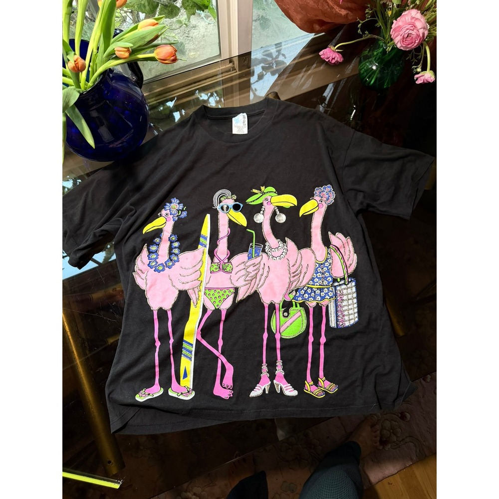 Vintage 1992 Marcy n Me EZI Flamingo 3D Sunglasses T-Shirt Black One Size USA